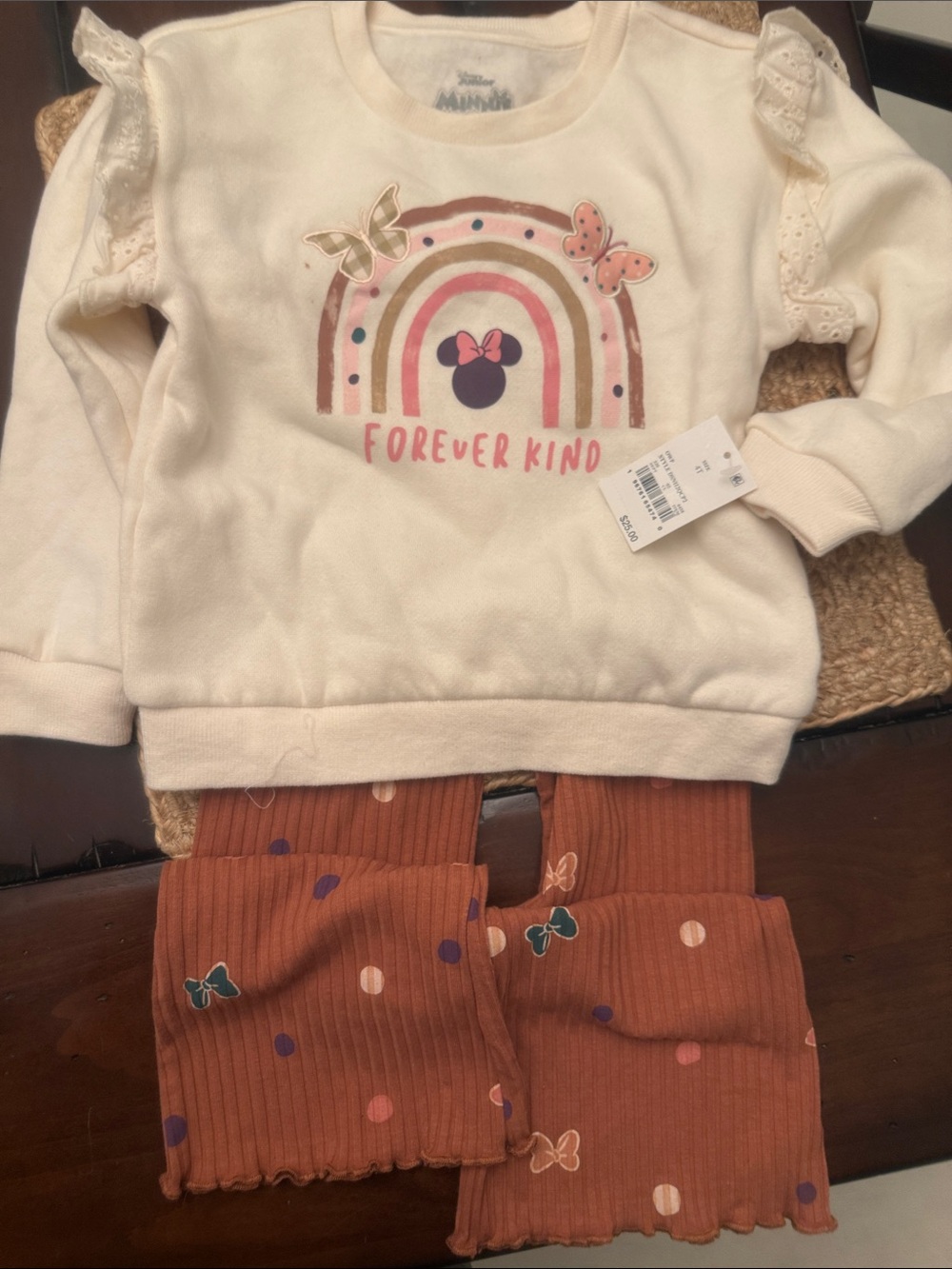 Disney Minnie Cream 'Forever Kind' Rainbow Sweatshirt & Rust Dot Flare Pants Set